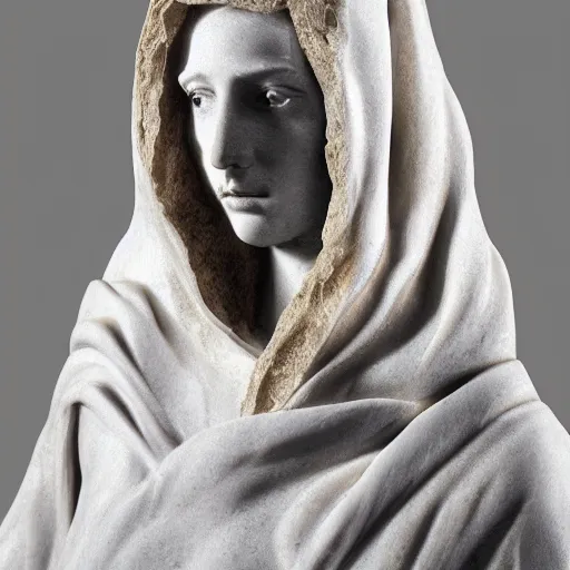 Image similar to a masterpiece marble sculpture of the hooded virgin, !cracks, !dramatic !face, !female, covered in intricate !detailed !!streaked veil , physically based rendering, ultra photo realistic, cinematic lighting , dark background by Dan Hillier
