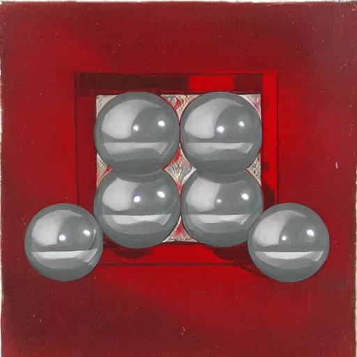 Prompt: chrome spheres on a red cube, intaglio