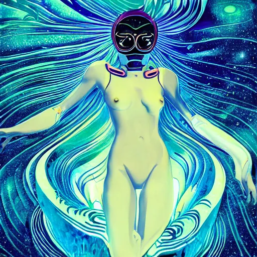 Image similar to elegant smooth female droid bathing in ocean waves of glossy liquid stardust flowing like psychedelic plasma, lsd waves, lsd ripples, backlit, dramatic, refracted lighting, art nouveau, ghost in the shell