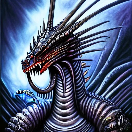 Image similar to Giger portrait of queen dragon, Dragon in dragon lair, HD, full body dragon concept, flying dragon, soft shading, soft colors, relaxed colors, hyperdetailed, wide angle lens, fantasy, futuristic horror, style of giger