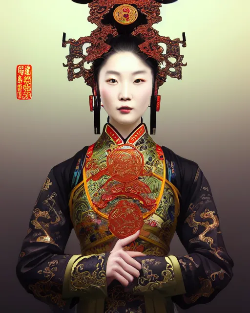 Image similar to portrait of a chinese cyberpunk machine, machine face, arms, upper half portrait, decorated with chinese opera motifs, regal, asian, fine china, wuxia, traditional chinese art intricate intense elegant 京 剧 highly detailed digital painting artstation concept art smooth sharp focus illustration, art by artgerm and greg rutkowski alphonse mucha 8 k