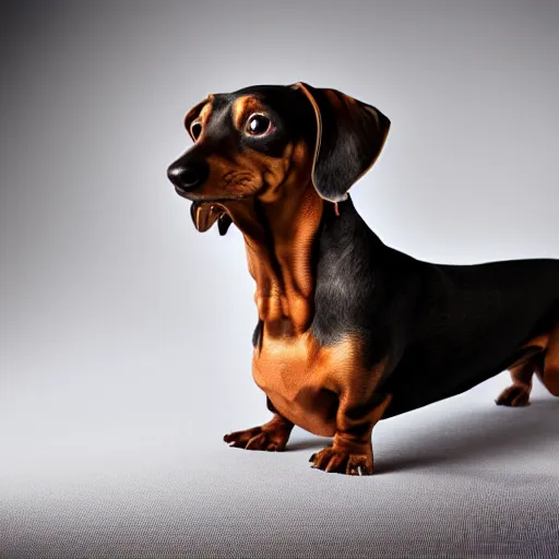 Image similar to dachshund flexing biceps, photography, studio lighting