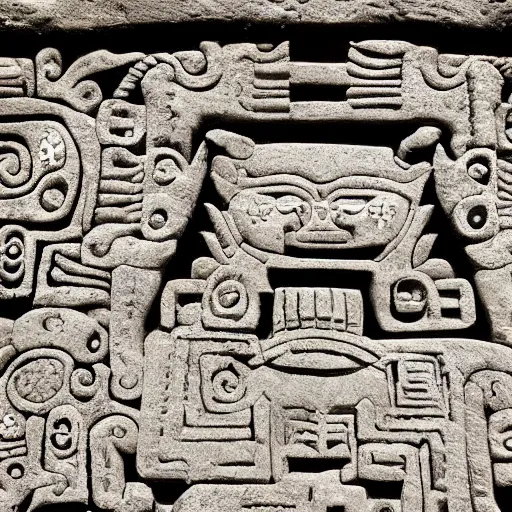 Image similar to space invaders as a mayan stone carving