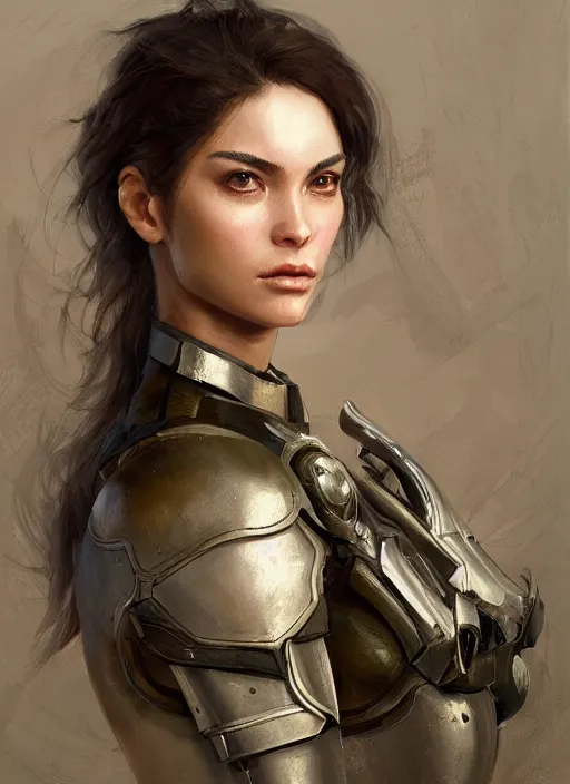 Image similar to a professional painting of a beautiful young female, clothed in military armor, olive skin, long dark hair, beautiful bone structure, symmetrical facial features, intricate, elegant, digital painting, concept art, smooth, sharp focus, illustration, from Metal Gear, by Ruan Jia and Mandy Jurgens and Artgerm and William-Adolphe Bouguerea