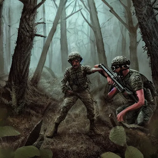 Prompt: found footage of a soldier and his squad fighting an unidentified monster, horror, dark, realistic style, concept art, trending, forest, first person view, high detail, high resolution