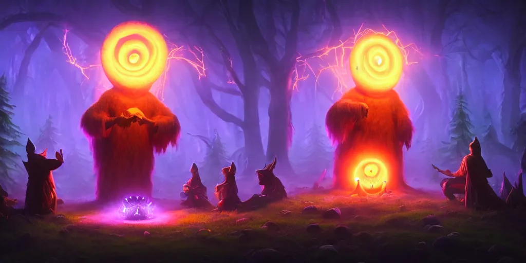 Prompt: group of forest wizards gathered around a summoning circle as a colossal ghostly donut - demon - hybrid - monster after - image emerges from a portal in the sky, glowing, culinary vibes, magic, fantasy colors, cinematic medium shot, 4 k hyper detailed, realistic, by riot games and julia yurtsev