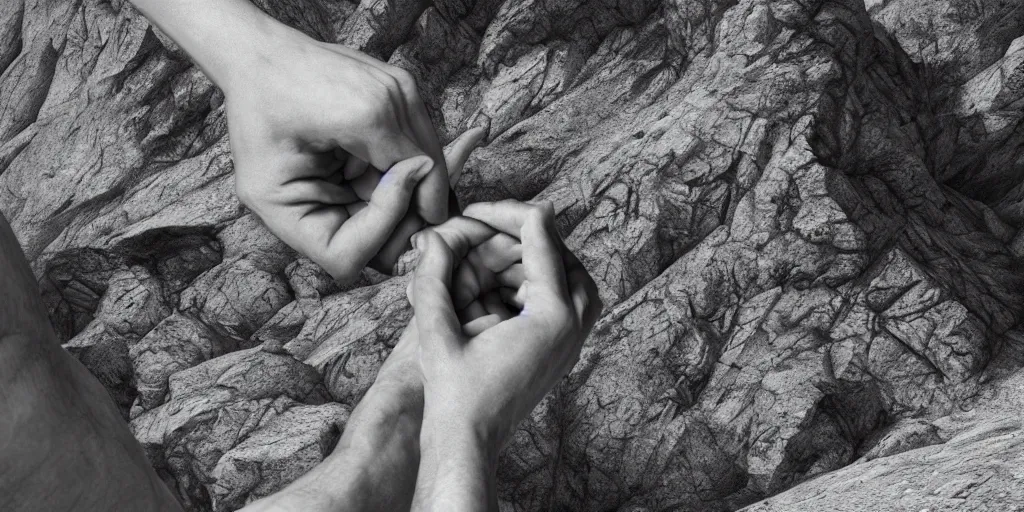 Prompt: ego perspective photography of hands holding climbing mountain in the dolomites, climbing, dolomites, alpine, detailed intricate insanely detailed octane render, 8k artistic 1920s photography, photorealistic, black and white, chiaroscuro, hd, by David Cronenberg, Raphael, Caravaggio