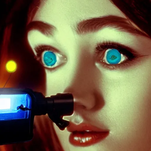 Prompt: photo of young woman, close up, with a cyberpunk camera over right eye with led lights, robotic implants over face, small led lights, white background, from the movie 2001 A Space Odyssey