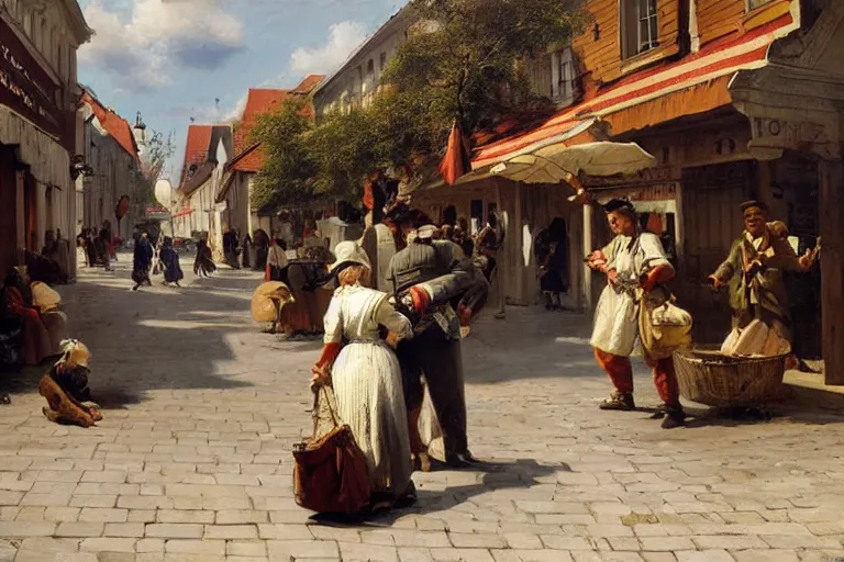 Prompt: street life in stavanger in summer painted by Ludwig Deutsch and Rudolf Ernst, strong dramatic cinematic lighting, smooth, sharp focus, extremely detailed