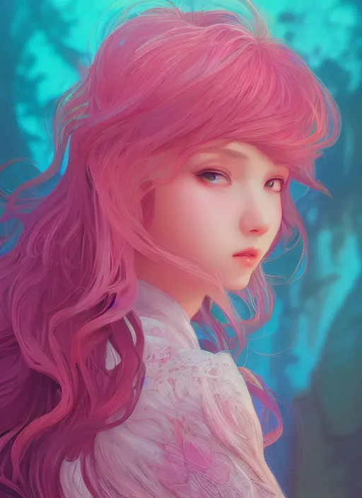 Image similar to beautiful girl pink blob hair, cute, intricate, highly detailed, digital painting, trending on artstation, concept art, smooth, sharp focus, backlit, rim light, vivid colors, illustration, unreal engine 5, 8 k, art by rossdraws and alphonse mucha