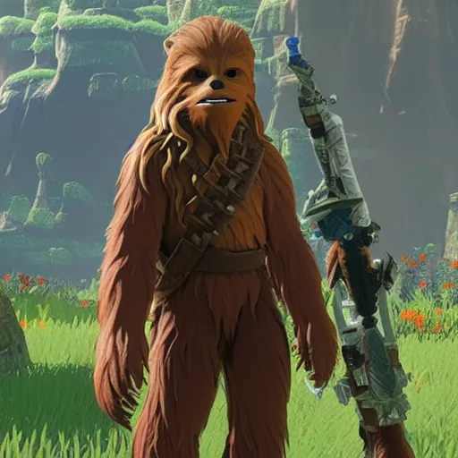 Prompt: Film still of Chewbacca, from The Legend of Zelda: Breath of the Wild (2017 video game)