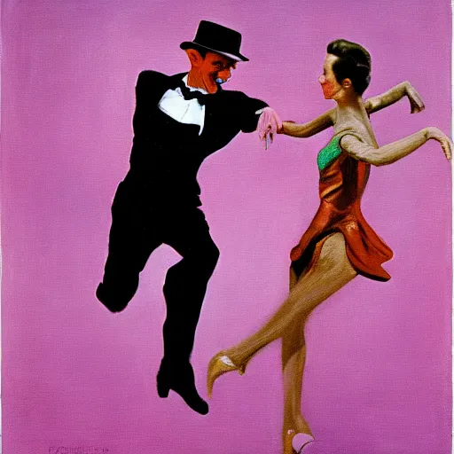 Image similar to cyd charisse and fred astaire dancing, colorful, francis bacon painting