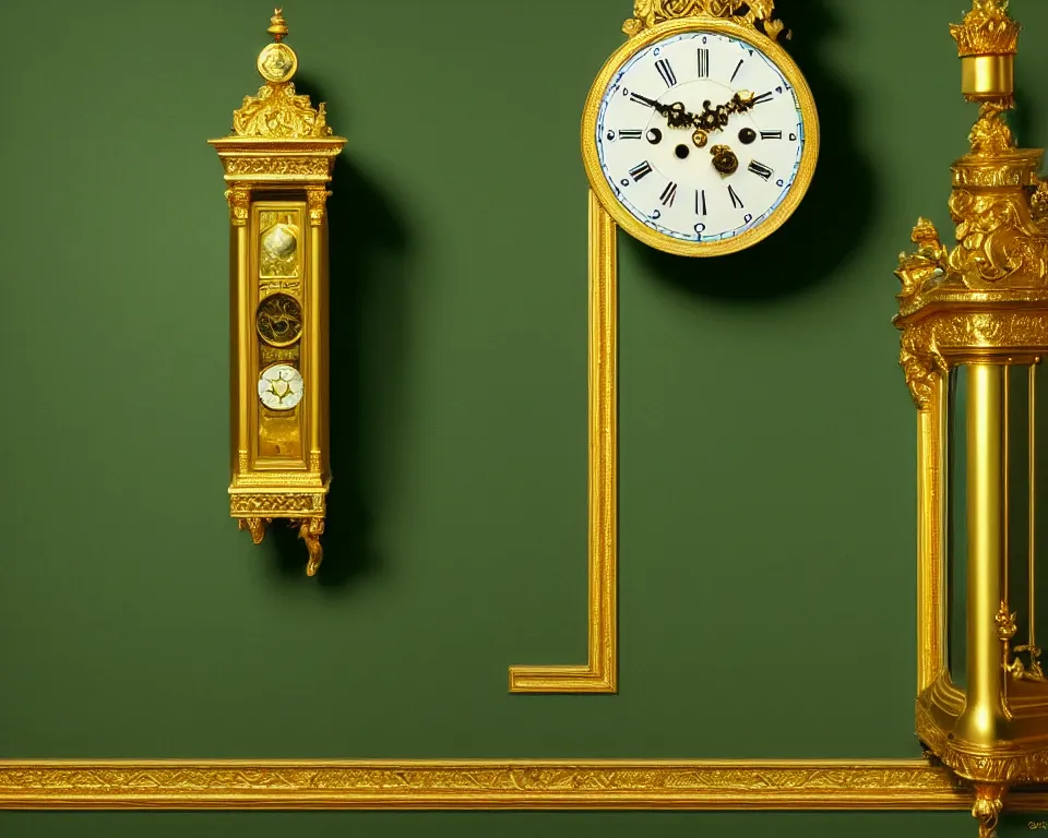 Prompt: an achingly beautiful print of dozens of ornate gold clocks on a dark green wall by Raphael, Hopper, and Rene Magritte. detailed, romantic, enchanting, trending on artstation.