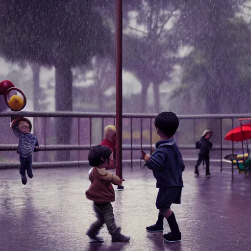 Image similar to kids playing at playground in the middle of rainy day. photorealistic, hyperrealistic, cinematic, artstation, octane render, unreal, 8 k