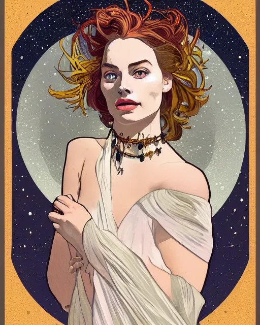 Prompt: a portrait of a margot robbie as an androgynous druid spirit wearing five necklaces of moons and stars, draped in transparent cloth, flat colors, occult, minimal, swirly, bust by alphonse mucha, decorative art nouveau border, astrophotography, vast cosmos, detailed book illustration, trending on artstation