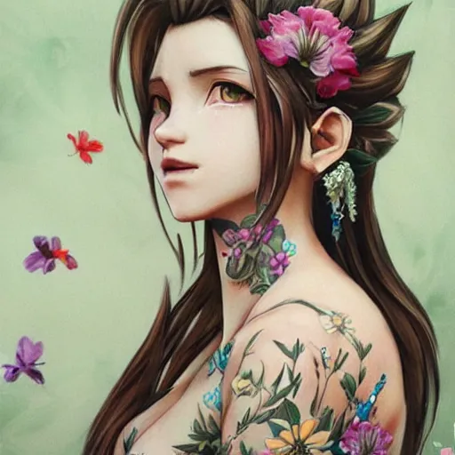 Image similar to concept art of aerith gainsborough with tattoos, amongst flowers, high quality, detailed, trending on artstartion