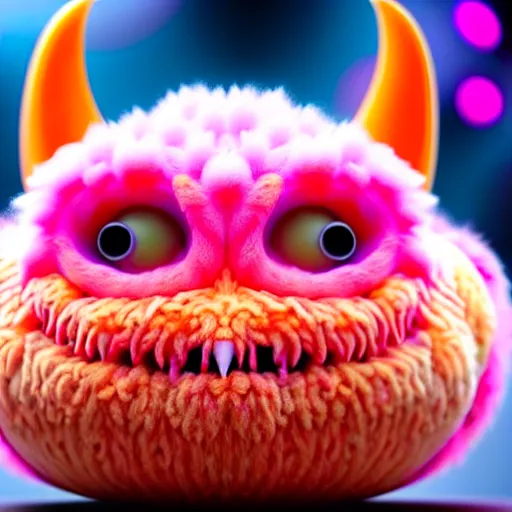 Image similar to an alien with a face that looks like a fuzzy peach the peach is fuzzy pink warm and ripe the alien has horns and a mean smile the alien has chicken feet cruel smile, 4k, highly detailed, high quality, amazing, high particle effects, glowing, majestic, soft lighting, detailed background