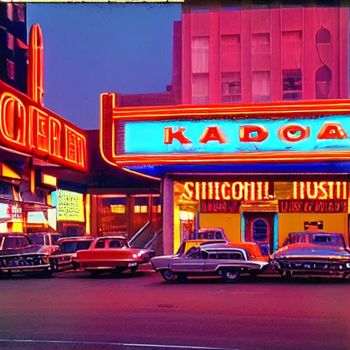 Image similar to color kodachrome photograph of an american city street in 1 9 6 6. neon sign, americana, parked cars, cinema, fire hydrant