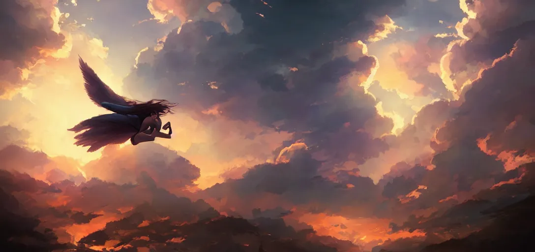 Image similar to beautiful woman angel flying peacefully, dramatic clouds, sunset, hazy, gentle, soft lighting, wojtek fus, by Makoto Shinkai and Ilya Kuvshinov,