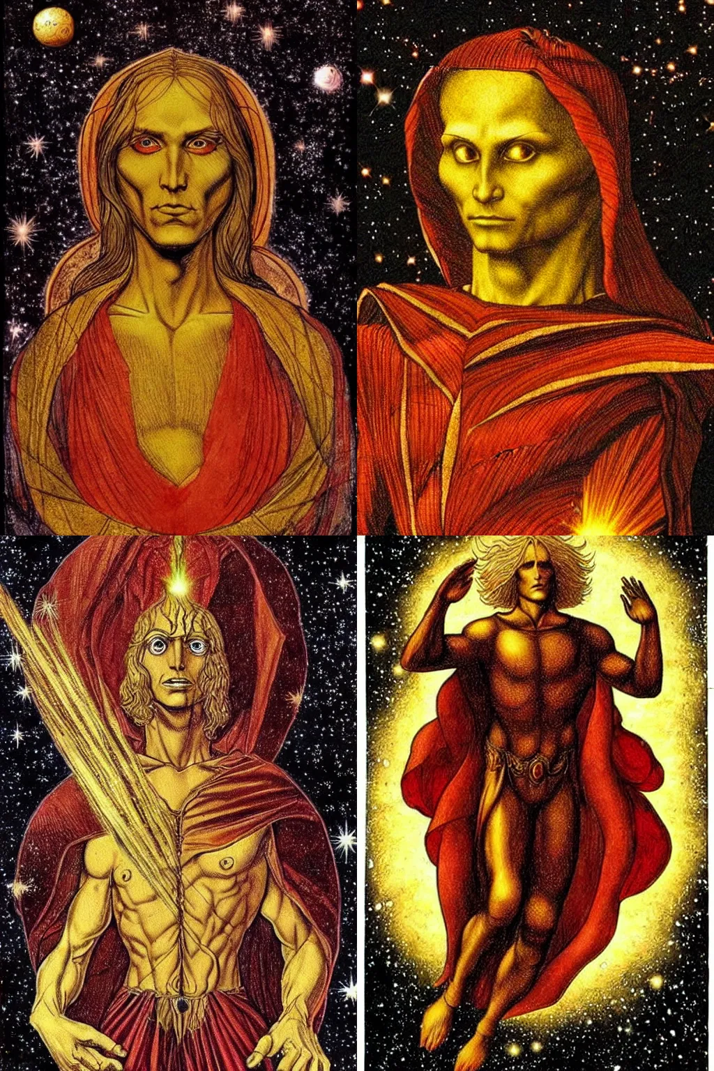 Prompt: adam warlock imagined by leonardo da vinci travelling across the galaxy, many nebula clouds can be seen on the background