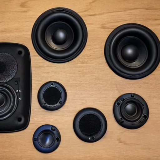 Prompt: a speaker taken apart and all its parts laid out neatly on a table