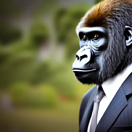 Prompt: gorilla wearing a suit and tie, ready for a meeting