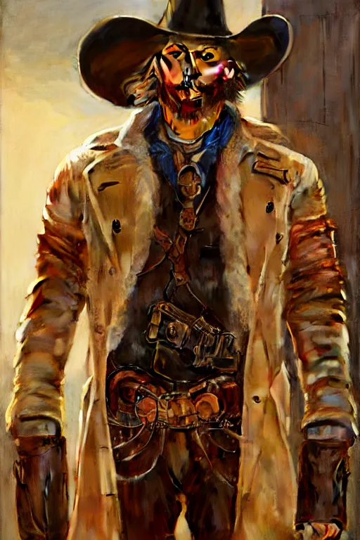Prompt: a symmetrical painting by clyde aspevig, greg rutkowski, gaston bussiere, j. c. leyendecker of attractive hairy gunslinger and handsome cowboy wearing leather pants and bandoliers, they are in love standing back to back | natural lighting, path traced, highly detailed, high quality, tom of finland, trending on artstation