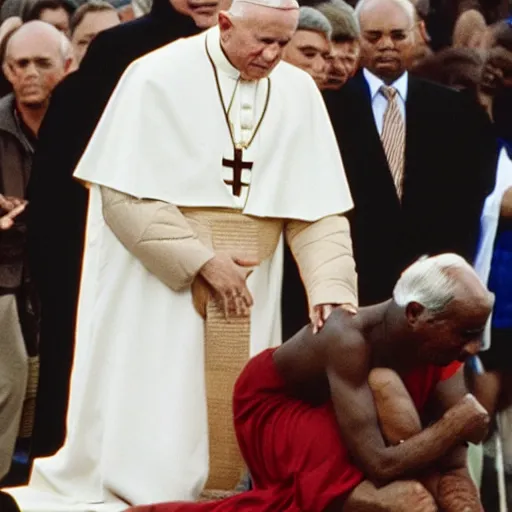 Prompt: John Paul II kneeling on a black person's neck