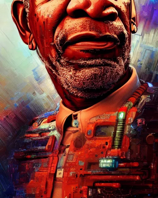 Image similar to portrait of Morgan Freeman as a cyborg. intricate abstract. intricate artwork. by Tooth Wu, wlop, beeple, dan mumford. octane render, trending on artstation, greg rutkowski very coherent symmetrical artwork. cinematic, hyper realism, high detail, octane render, 8k, iridescent accents