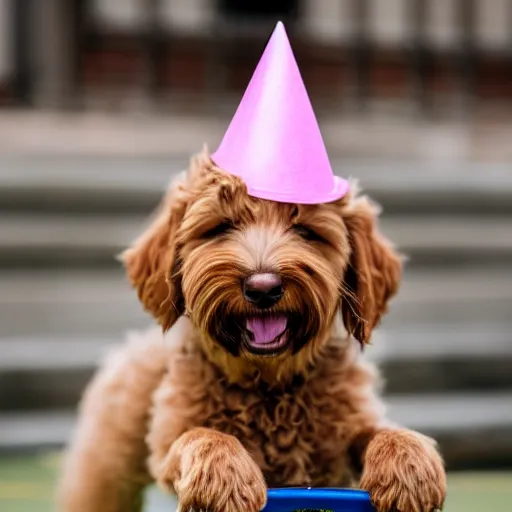 Prompt: photograph of a super adorable labradoodle pup with a pink party hat riding a skateboard