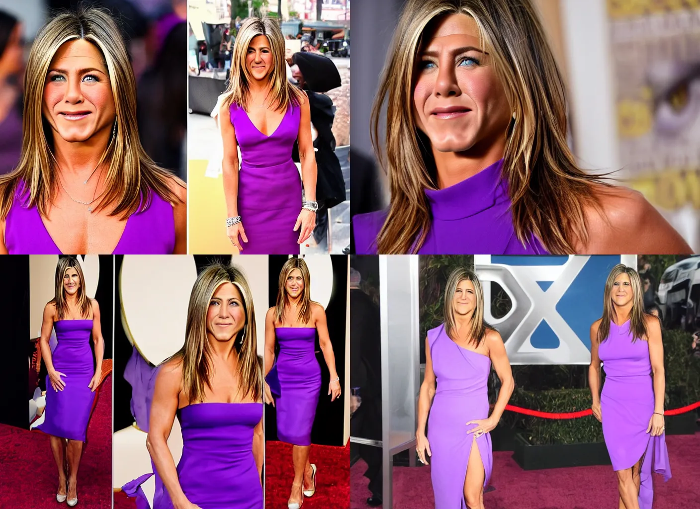 Prompt: jennifer aniston wearing her duel disk and purple dress