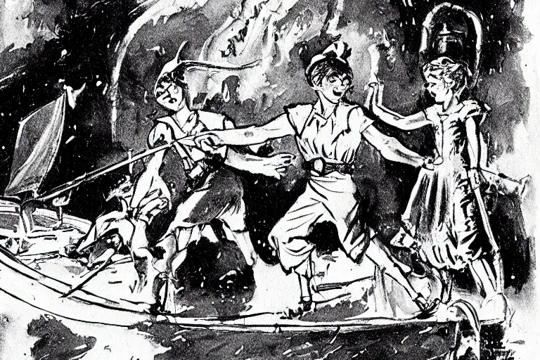 Prompt: a rodney greenblat illustration of a scene from in the peter pan ( 1 9 5 3 )