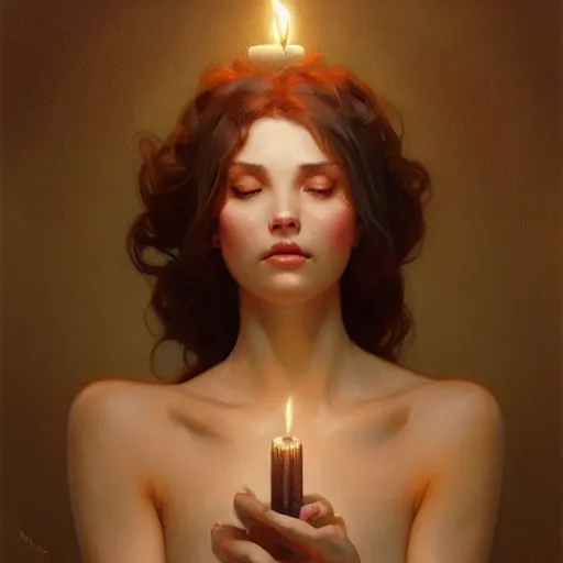 Prompt: very beatiful girl close to a candle in dark room, dramatic light, highly detailed, digital painting, artstation, concept art, sharp focus, illustration, art by artgerm and greg rutkowski and alphonse mucha