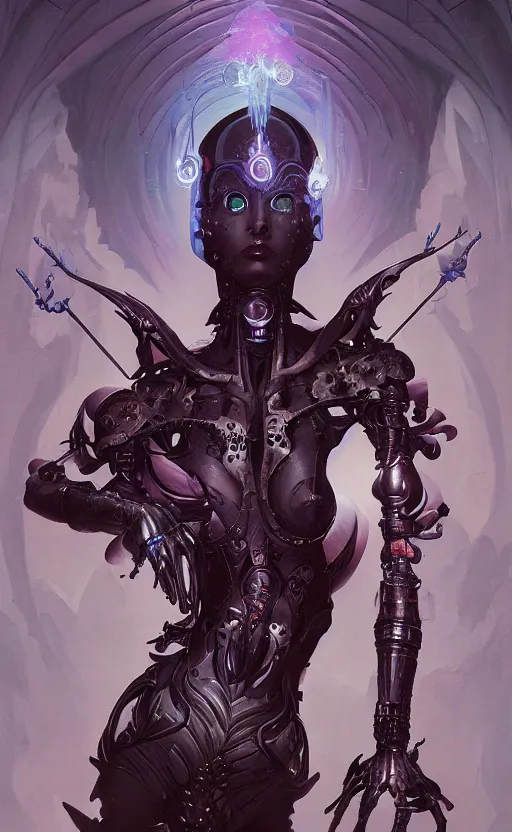 Image similar to Full lengh of a cyborg gothic goddess by Wayne Barlowe and Peter Mohrbacher, detailed, sharp, digital art, trending on Artstation