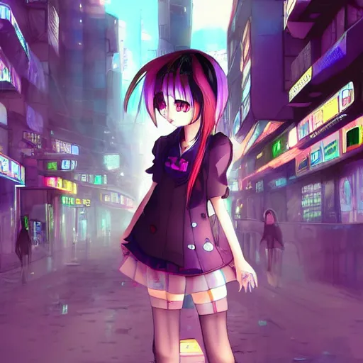 Prompt: cute anime girl in a cyberpunk city. edgy. cringe. trending on deviantart. fanart. ship. low quality. mspaint. oc.