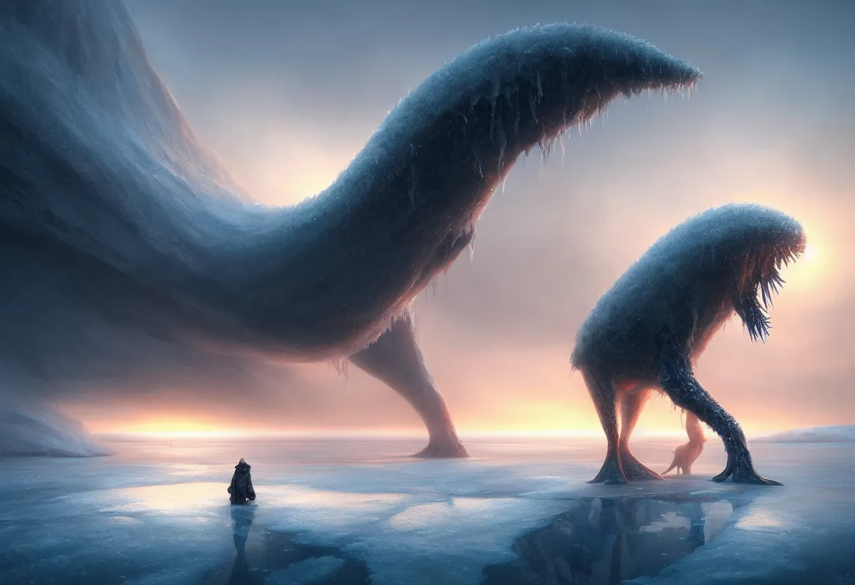 Image similar to strange sea animal emerging from surface of another frozen winter planet at sunset, ultra high definition, ultra detailed, symmetry, fog, matte painting, by greg rutkowski and ross tran and wlop