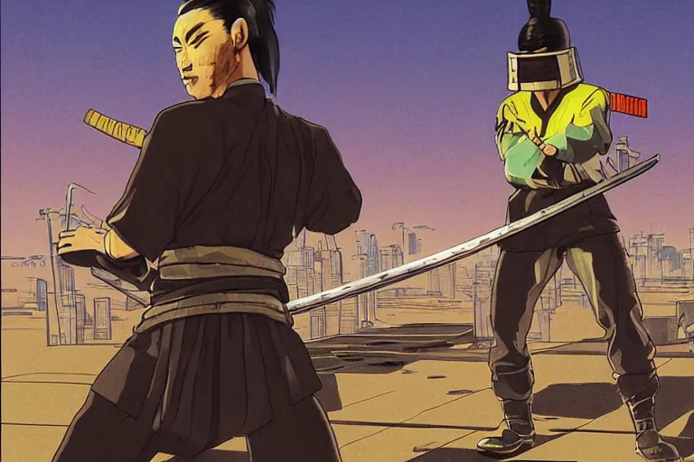 Prompt: portrait of badass japanese ninja samurai with cone hat. looking honorable. tokyo can be seen in the distance. art in the style of vincent di fate's cyberpunk 2 0 2 0.