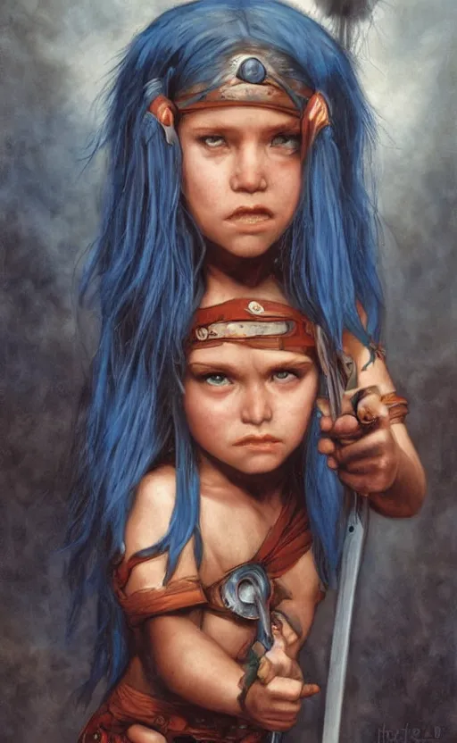 Image similar to little angry girl with blue hair, warrior dress, by gerald brom