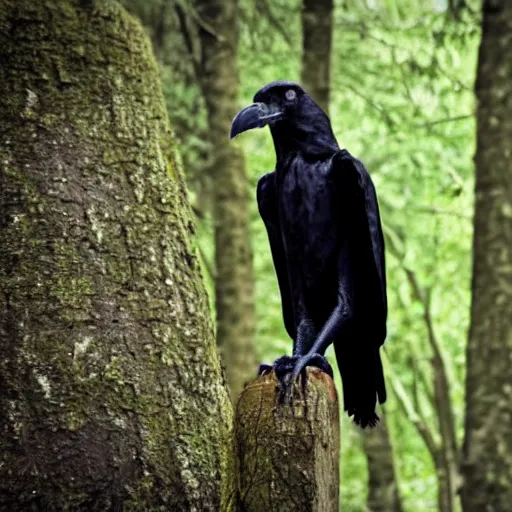 Image similar to humanoid crow, werecreature, photograph captured in a forest