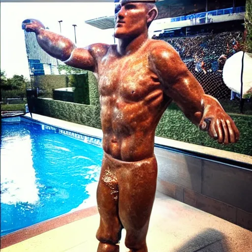 Image similar to “a realistic detailed photo of a guy who is named Mike Trout a baseball player, frozen like a statue, with shiny skin, by a pool, on display”