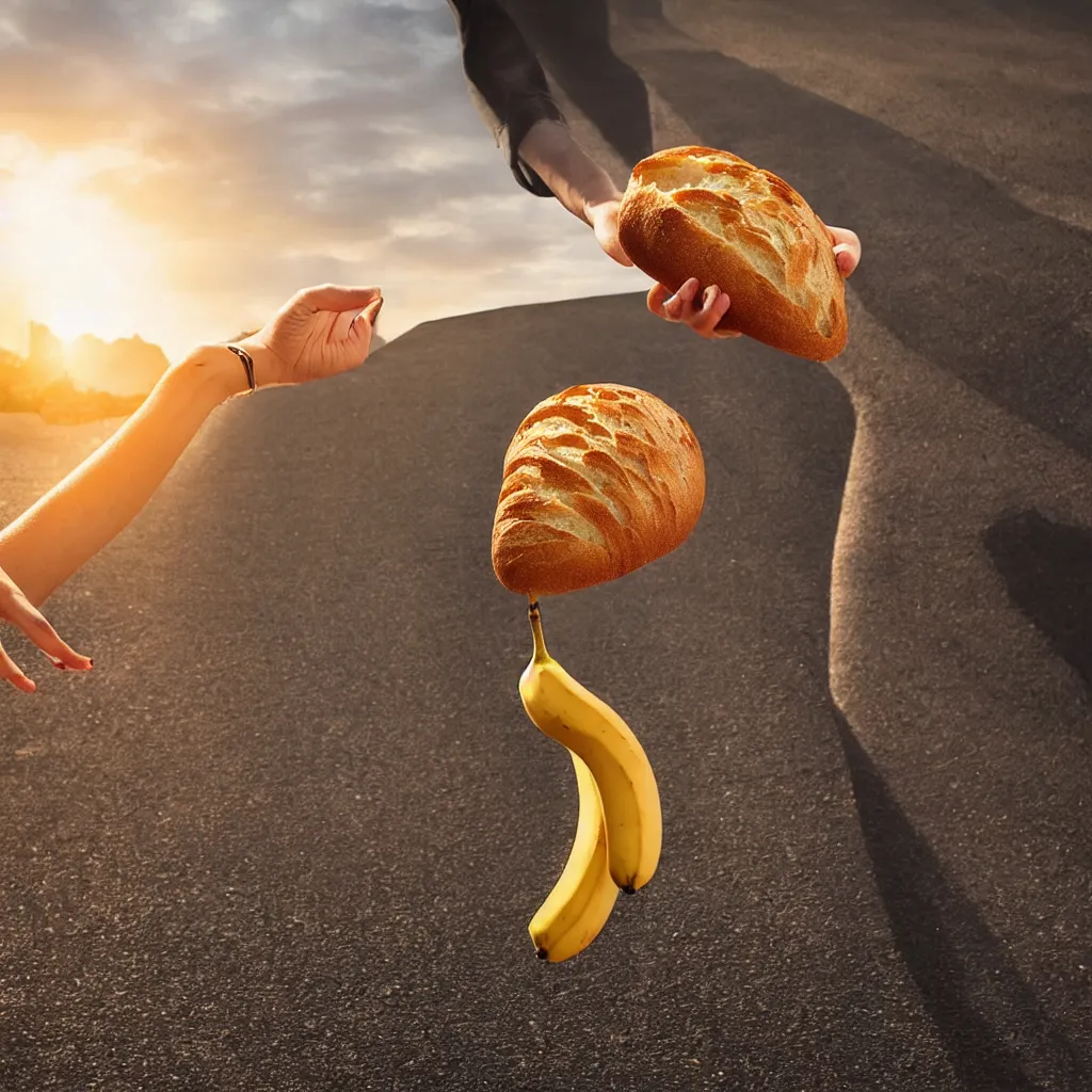 Image similar to a bread and a banana walking hand in hand into the sunset