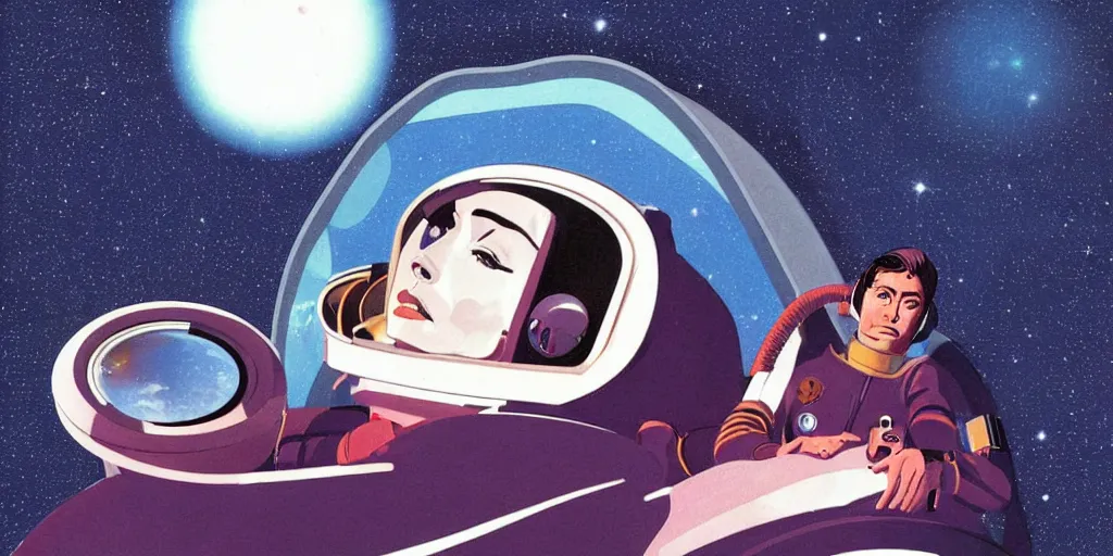 Image similar to a portrait of lonely single Alain Delon alone pilot in spacesuit posing in symmetrical spaceship station landing laying lake artillery porthole captain bridge outer worlds hyper contrast in FANTASTIC PLANET La planète sauvage animation by René Laloux