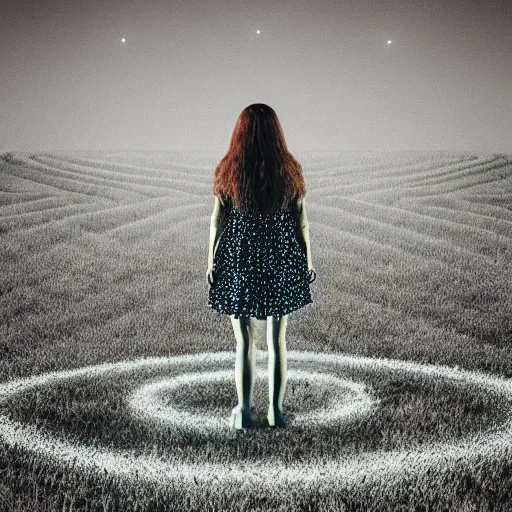 Image similar to a woman standing on steps in a field at night, a hologram by kusama, instagram, optical illusion, full body, ultra hd, neon