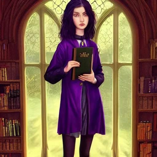 Prompt: 1 4 - year - old pale - skinned persian goth girl, black hair, long bob hair, purple coat, psychic girl, gloomy library, hogwarts library, ultra - realistic, sharp details, subsurface scattering, intricate details, cold lighting, highly detailed, photorealistic, octane render, 8 k unreal engine, art by artgerm