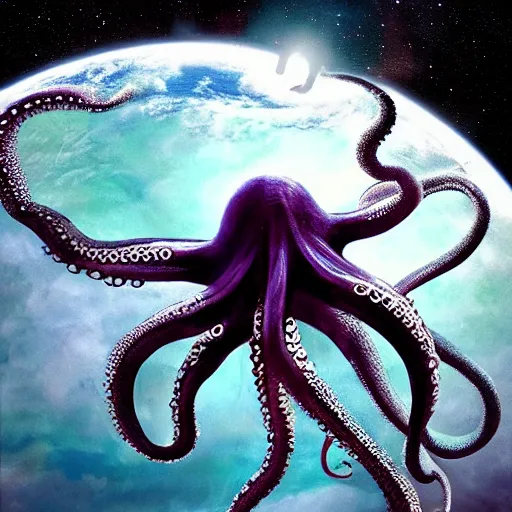 Prompt: huge octopus is on top of the small planet earth in space artstation realistic,