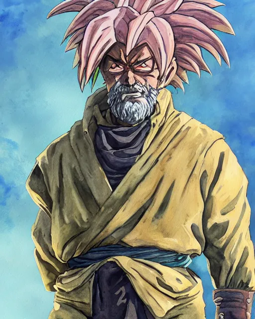 Prompt: a oil / watercolor painting full body character portrait of an old homeless saiyan soldier / mercenary in the style of moebius in the style of leonard boyarsky trending on artstation deviantart pinterest detailed photorealistic highlights and shadow hd 8 k post - processing high resolution