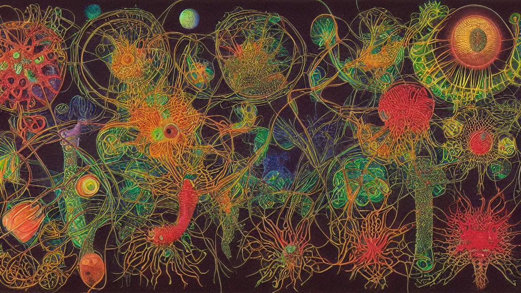 Prompt: quantum connections represented as symbiotic organisms like cells playing around with colorful lights by ernst haeckel, dark