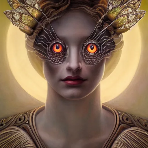 Image similar to beautiful closeup portrait of an art deco faerie queen, glowing eyes. reflective detailed textures, moth wings, highly detailed dark fantasy science fiction painting by tom bagshaw and michael whelan and diego rivera and annie swynnerton and jean delville and moebius and adolf wolfli, elaborate geometric ornament, ancient runes, silver and cool colors. artstation