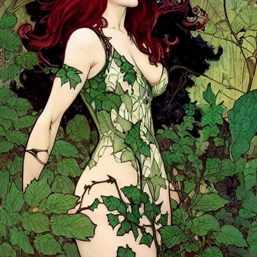 Image similar to a beautiful painting of poison ivy as an up and coming attorney who can't balance her life for love, dark eyeliner, intricate, elegant, highly detailed, digital painting, artstation, concept art, matte, sharp focus, illustration, art by rebecca guay and by arthur rackham and by alphonse mucha and by john william waterhouse