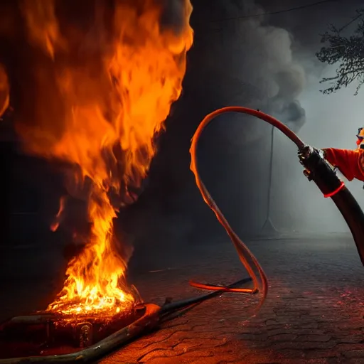 Image similar to photo of a clown using a flamethrower. In the background there is a fire. award-winning, highly-detailed, 8K